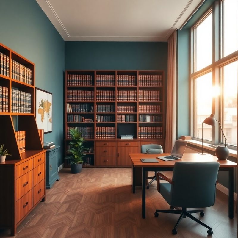 Interior liniștit al biroului cabinetului Dragomir & Popa cu bibliotecă și lumină naturală